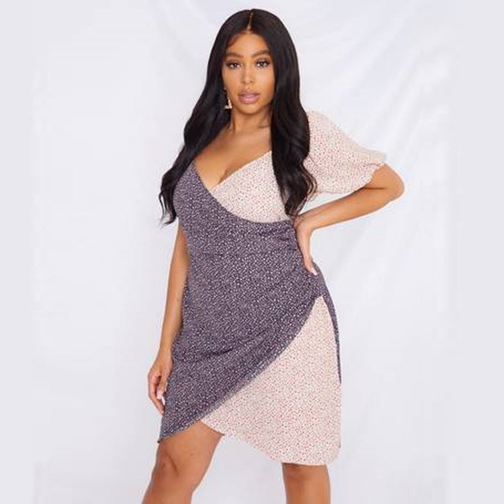 NWT New Missguided Mix Print Wrap Floral Short Sleeve Dress Size 14